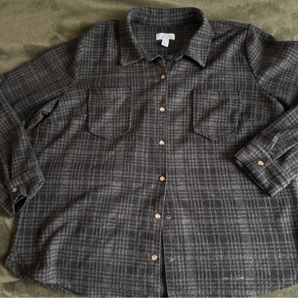 Denim & Co.  Black and Gray Plaid Shirt with pearly snaps. Worn and washed.